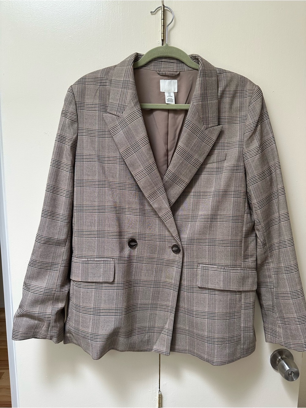 H&M Plaid Double-Breasted Blazer - Taupe